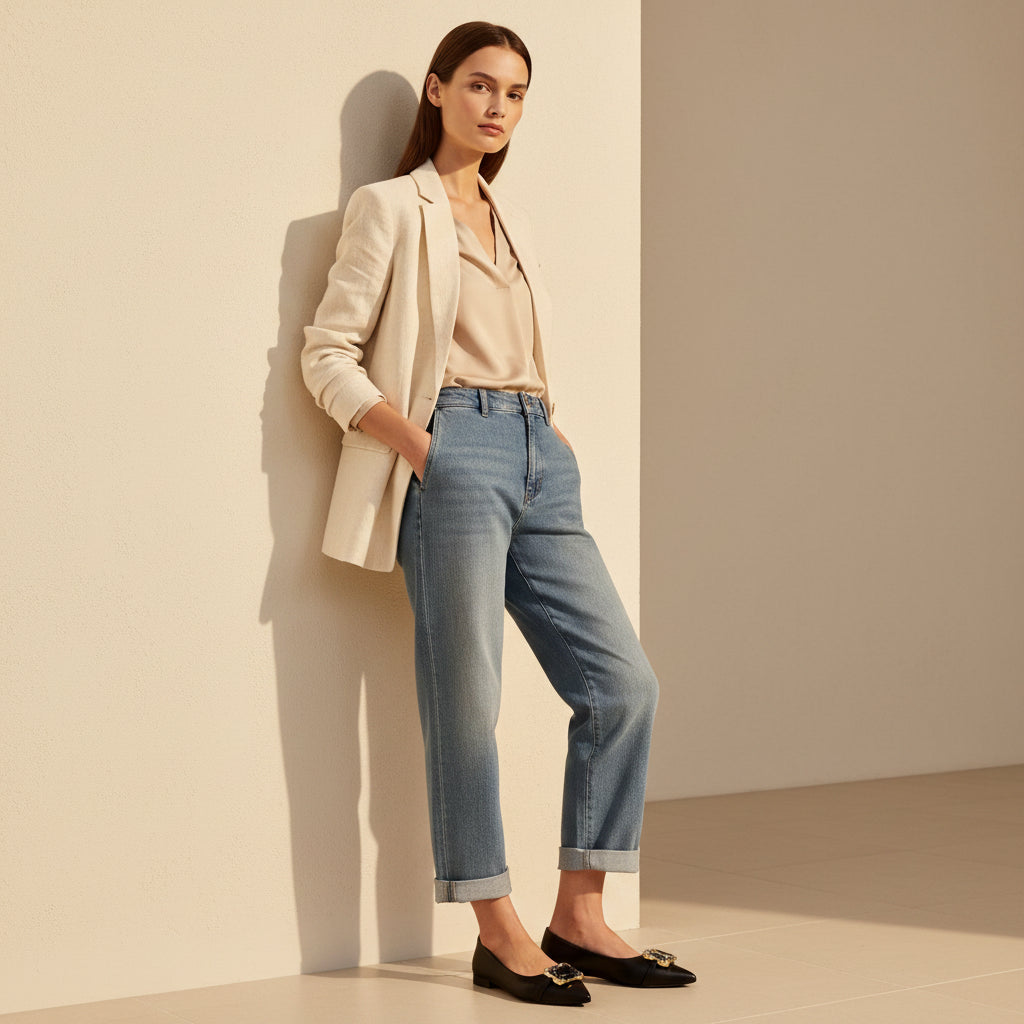 Woman wearing a beige blazer, light pink shirt, and blue jeans against a beige background