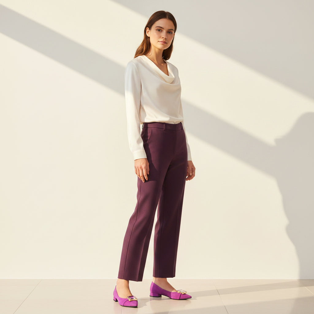 Woman wearing a white blouse and purple pants on a light background