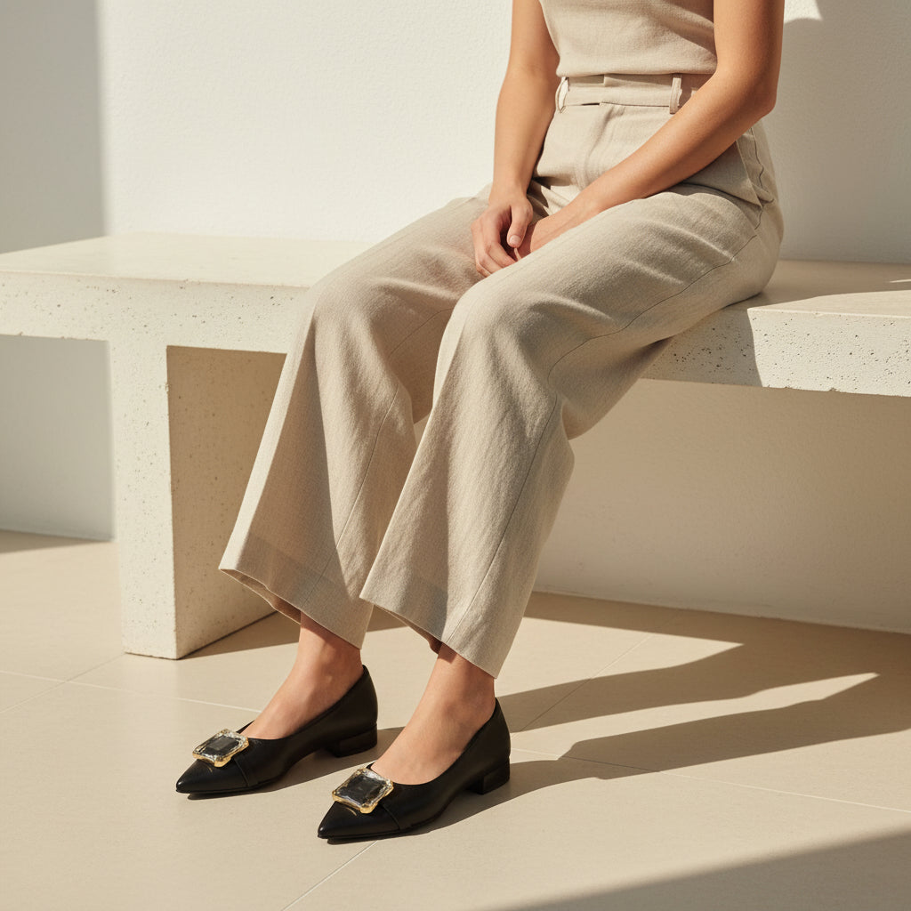 Person wearing beige pants and black shoes with gold buckles sitting on a white bench.
