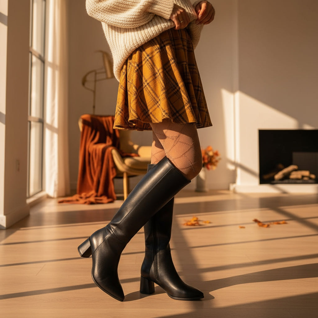 Black knee-high boots worn by a person on a light-colored floor.