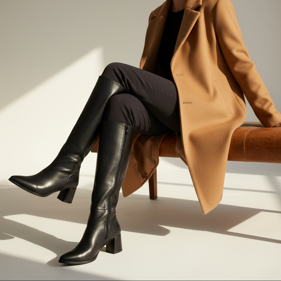 A model sits on a brown leather bench wearing a camel coat, black top, black pants, and black knee-high leather boots with block heels, in a minimalist studio setting with dramatic sunlight and shadows.