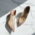 EMMA nude leather and mesh crystal heels, overhead pair view showing rose gold crystals.