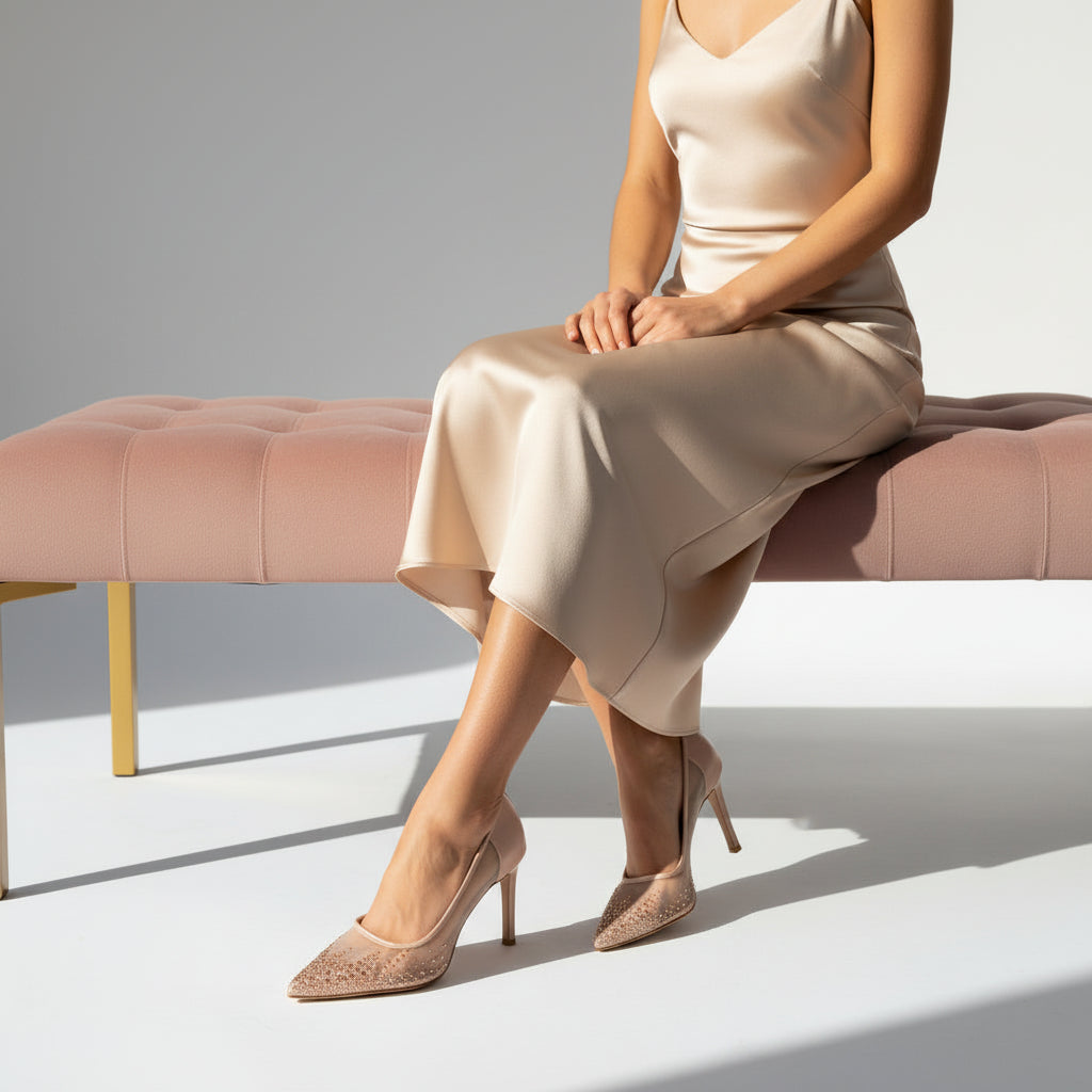 Woman in a beige dress and blush pink high heels adorned with crystals sitting on a pink bench with a neutral background