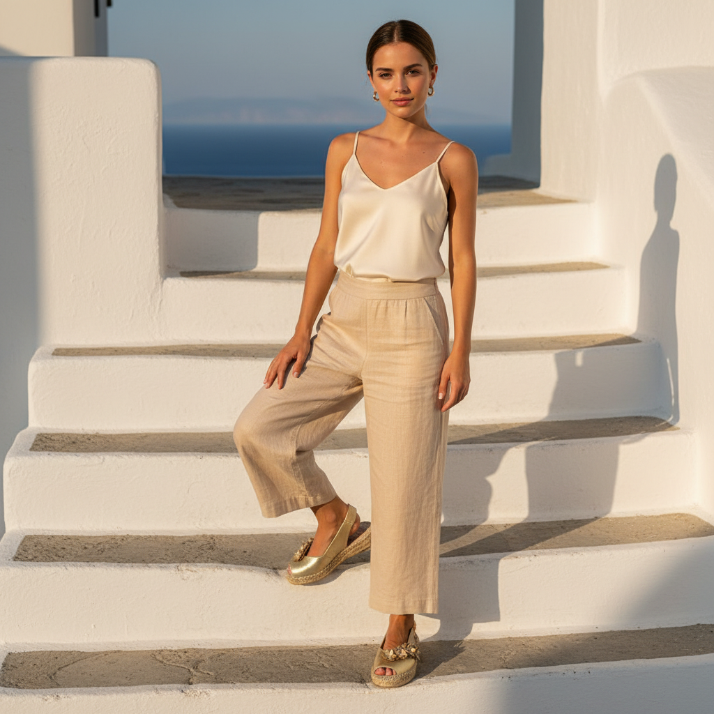 A woman stands on white outdoor steps wearing a cream camisole top, beige wide-leg cropped pants, and metallic gold wedge sandals, with a blue ocean and sky visible in the background.