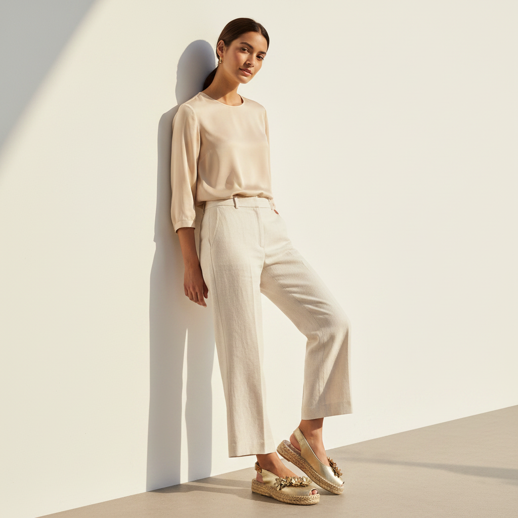 A woman models a light beige linen three-piece set consisting of a long-sleeve top, wide-leg trousers, and woven espadrille flats with gold embellishments, leaning against a minimalist cream wall.