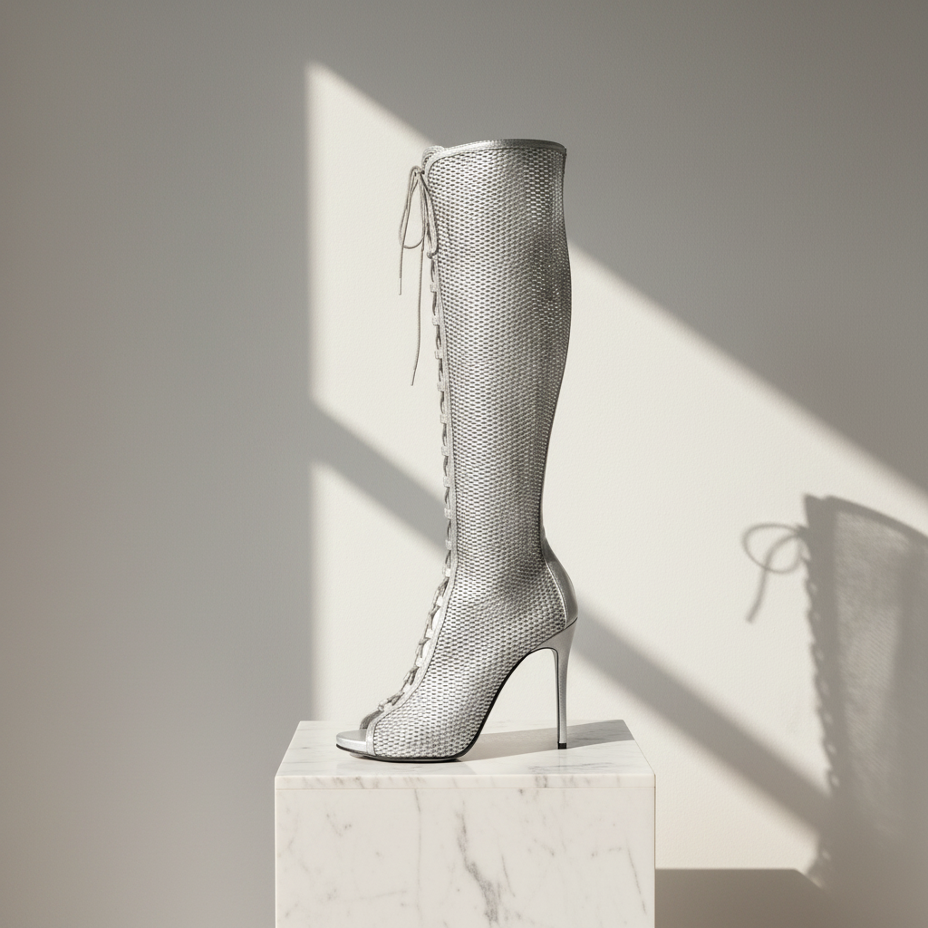 A tall silver peep-toe high-heel boot with a textured mesh-like surface and lace-up front, displayed on a white marble pedestal against a warm beige wall with dramatic diagonal sunlight and shadows.