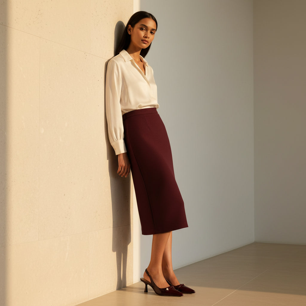Editorial full-length shot of woman leaning against white wall wearing burgundy patent slingback kitten heels with white blouse and burgundy pencil midi skirt, warm side lighting.