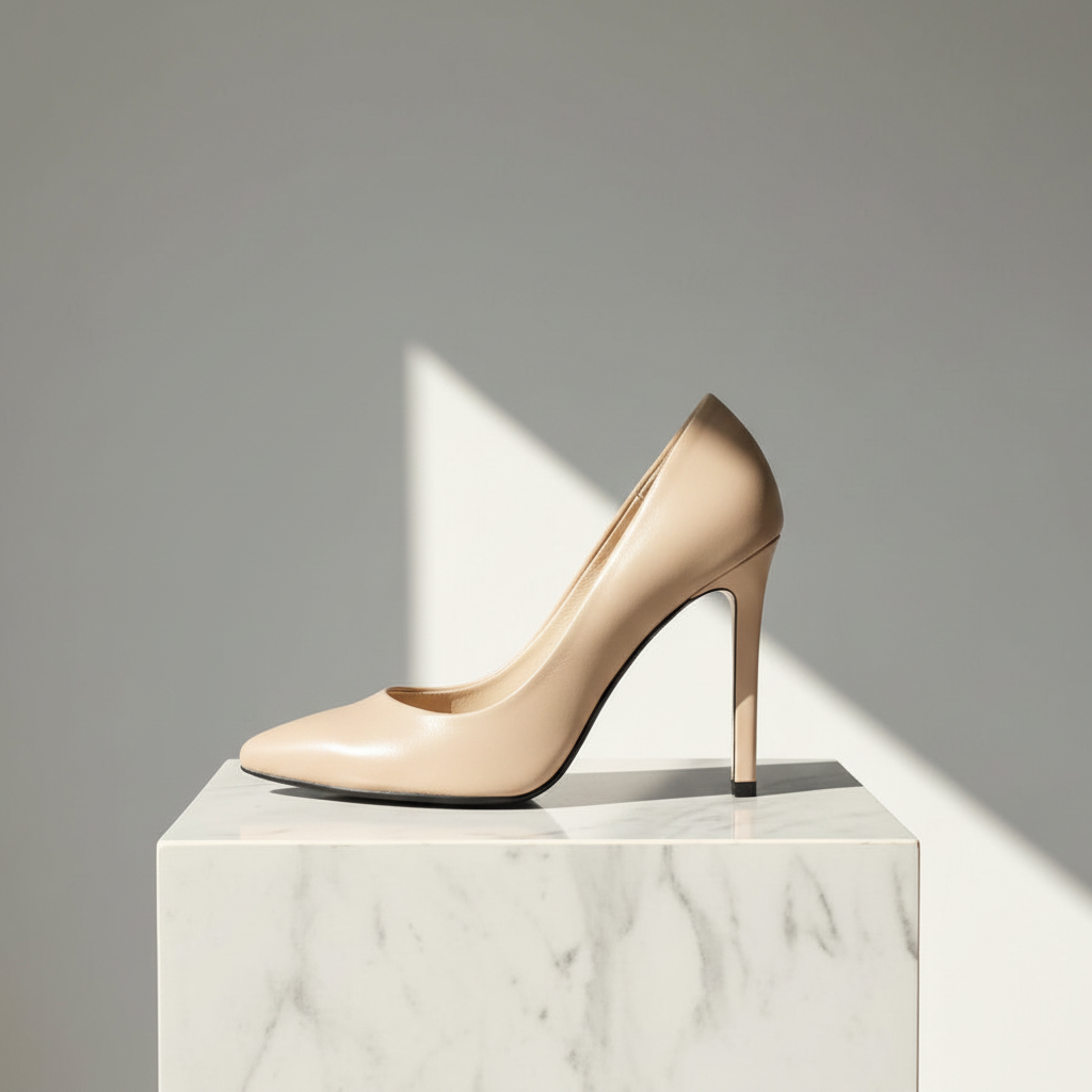 A single nude beige stiletto pump with a pointed toe, displayed on a white marble pedestal against a gray background with a sharp geometric shadow.