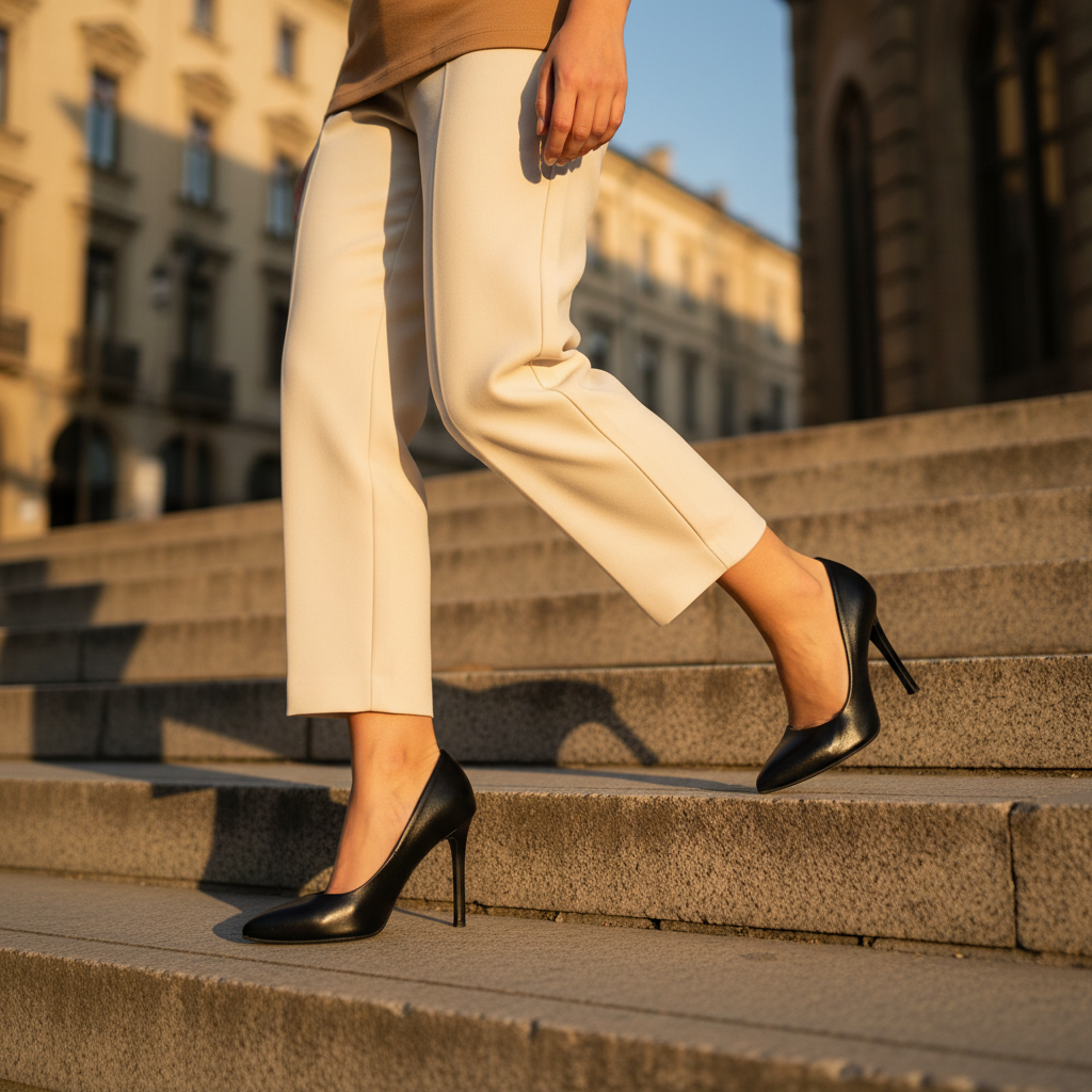 A person wearing black pointed-toe high heels and cream-colored trousers walks up outdoor stone steps in warm golden hour light, with blurred city buildings in the background.