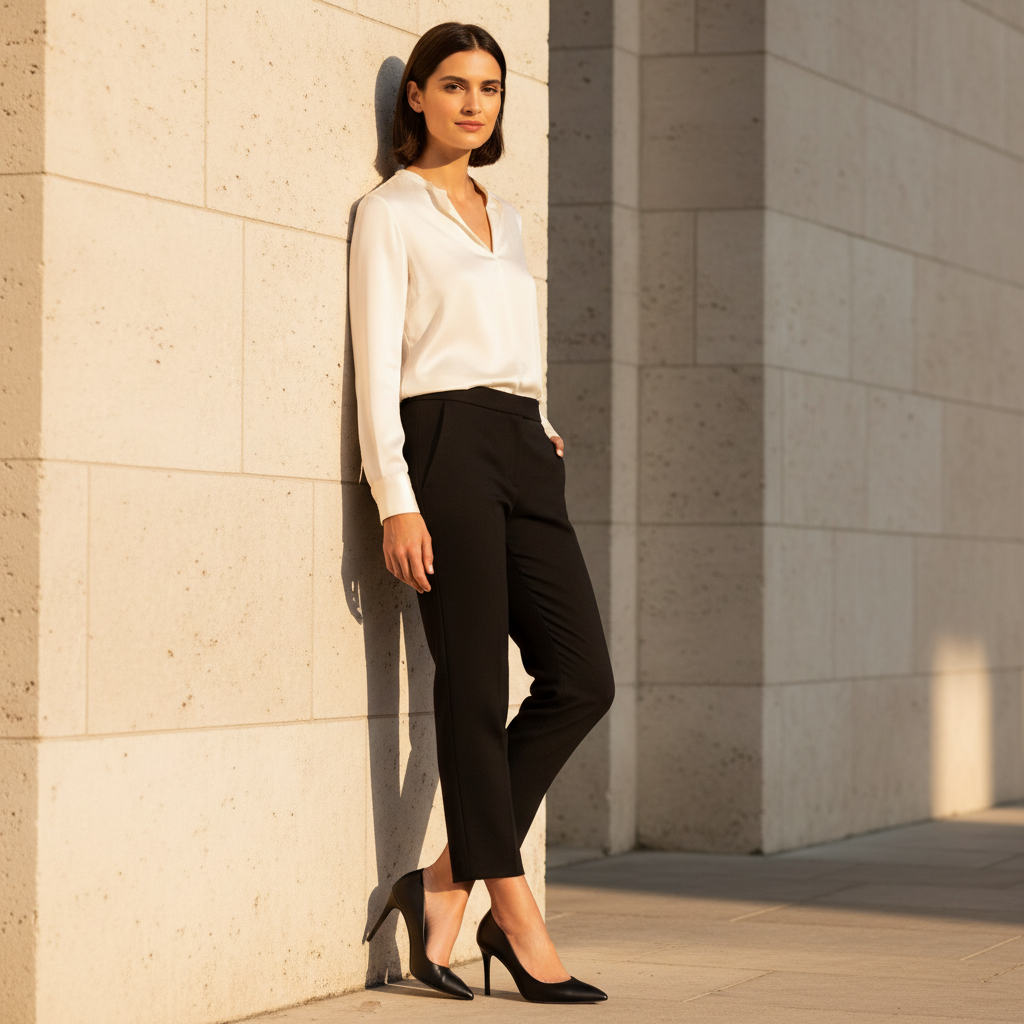 A woman stands against a light beige stone wall wearing a white long-sleeve blouse, black tailored trousers, and black high heels.