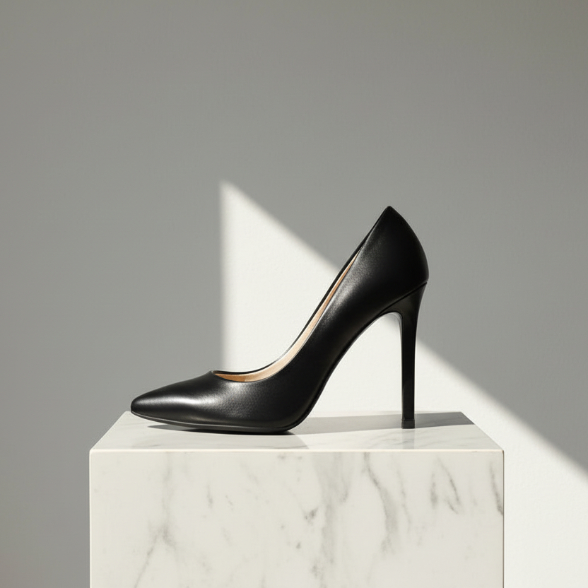 A single black leather high-heeled pump with a pointed toe, displayed on a white marble pedestal against a gray background with a sharp diagonal shadow.