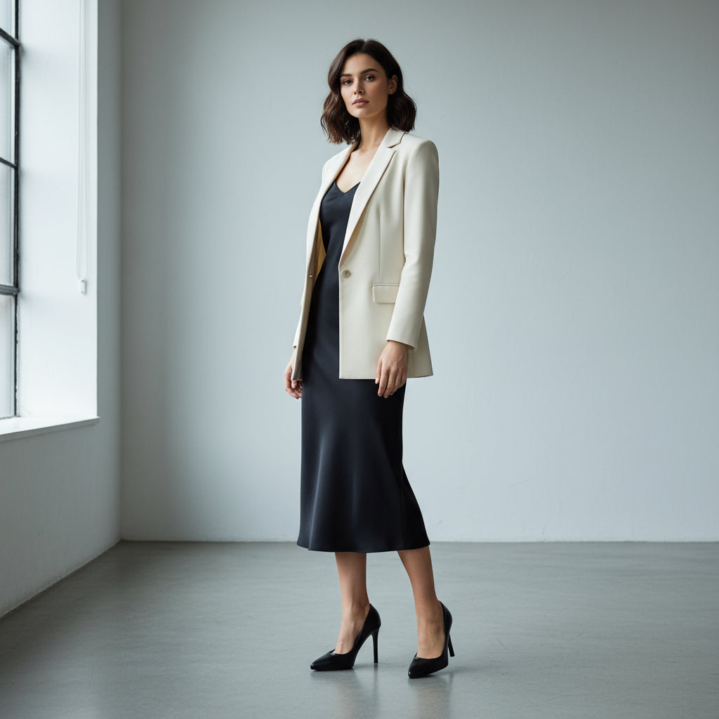 Model wearing cream tailored jacket a black satin dress and matching black high heels.