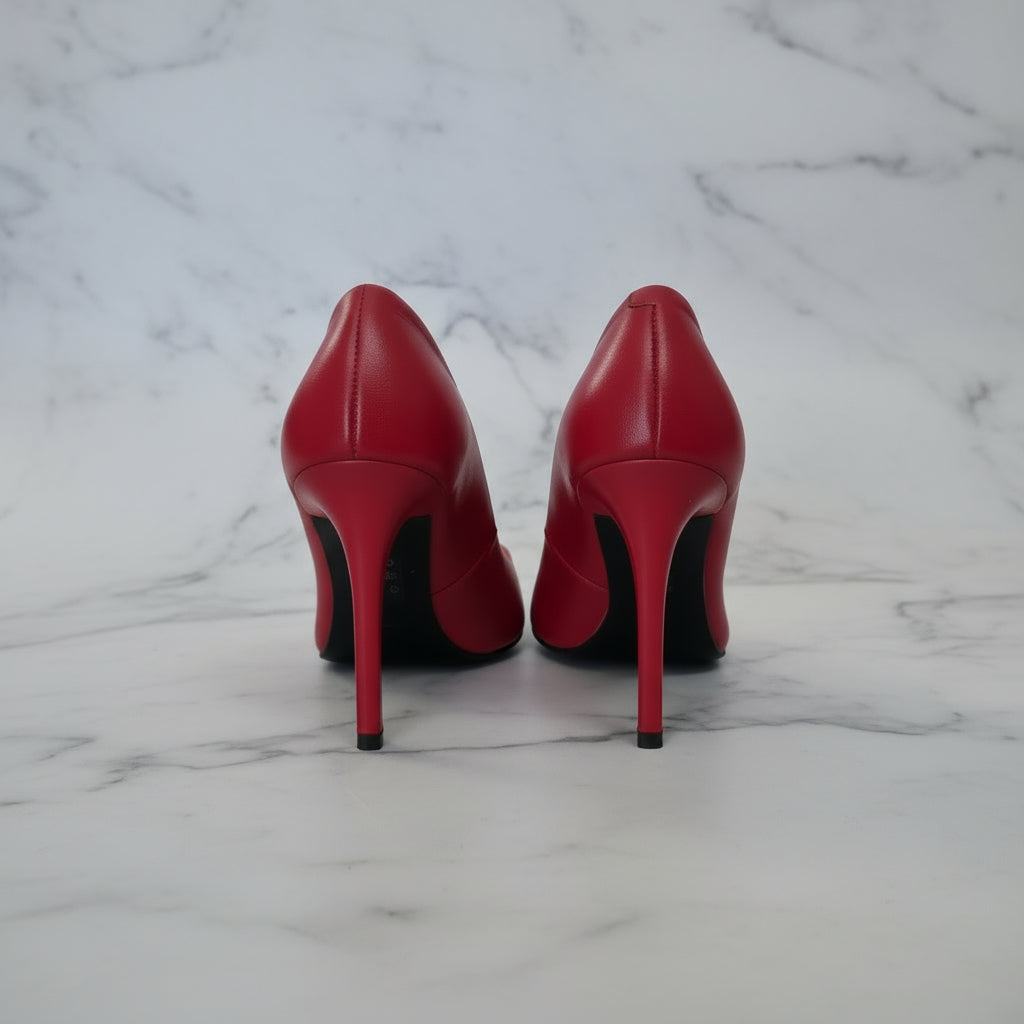 Back view of red leather FELICIA stiletto heels showcasing 9cm heel height