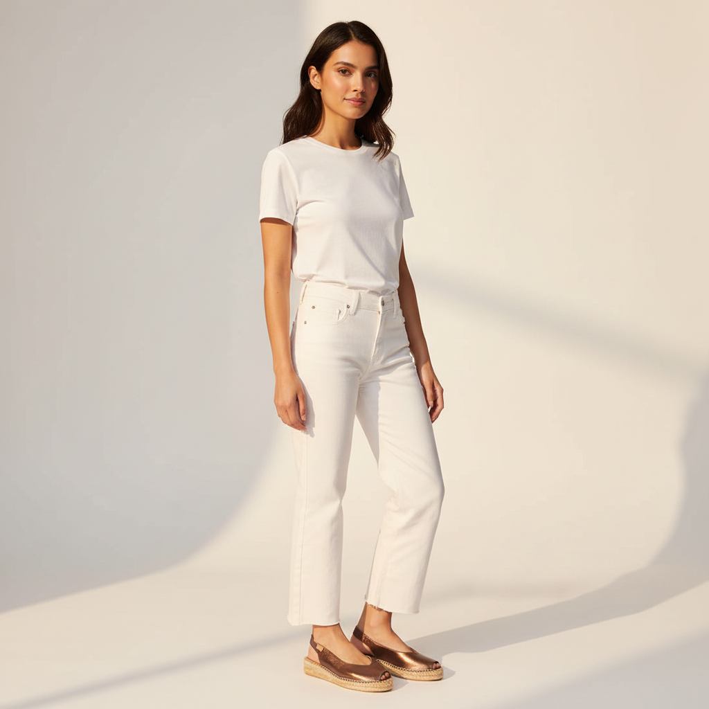 A woman modeling a white short-sleeve crewneck t-shirt and white cropped jeans with brown espadrille flats, standing against a warm off-white studio background with soft shadows.