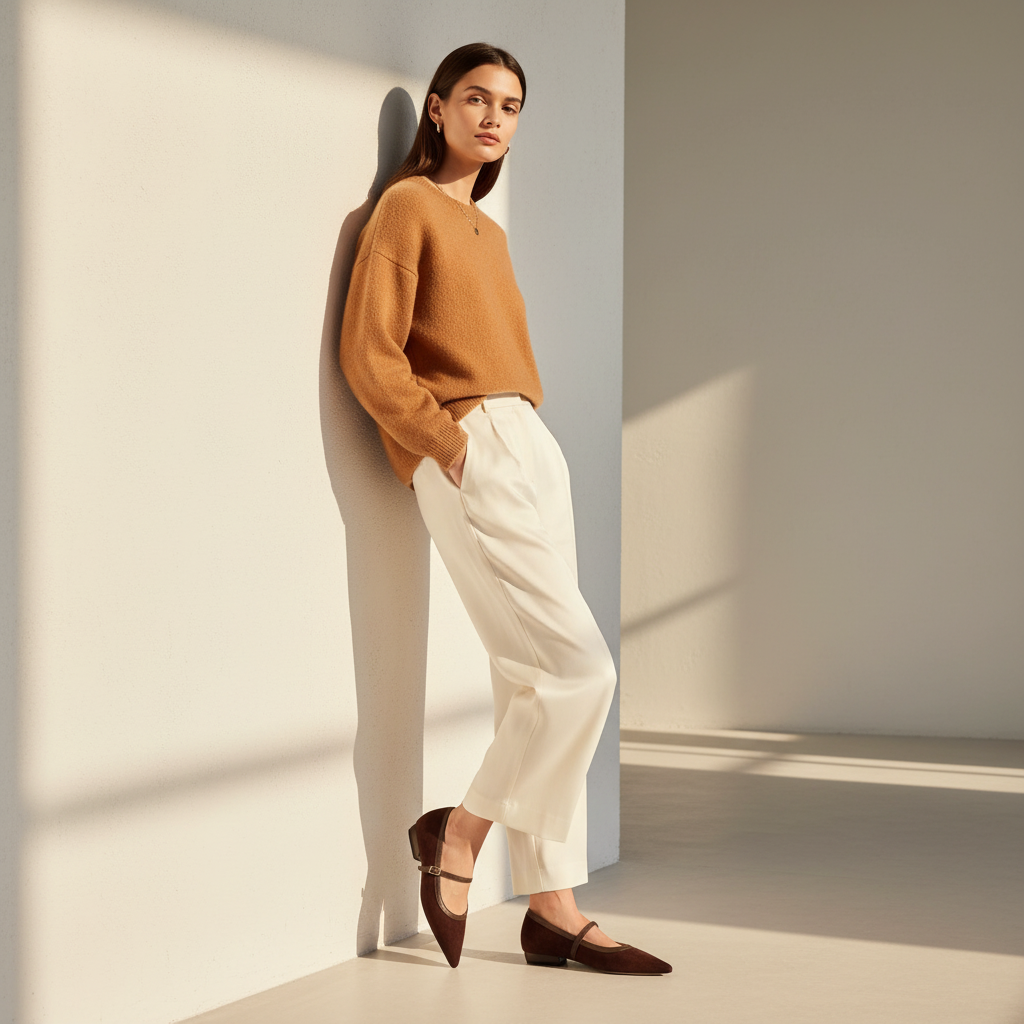 A woman stands in a minimalist studio setting, leaning against a light-colored corner wall. She is wearing a camel-colored knit sweater, off-white wide-leg trousers, and dark brown Mary Jane flats.