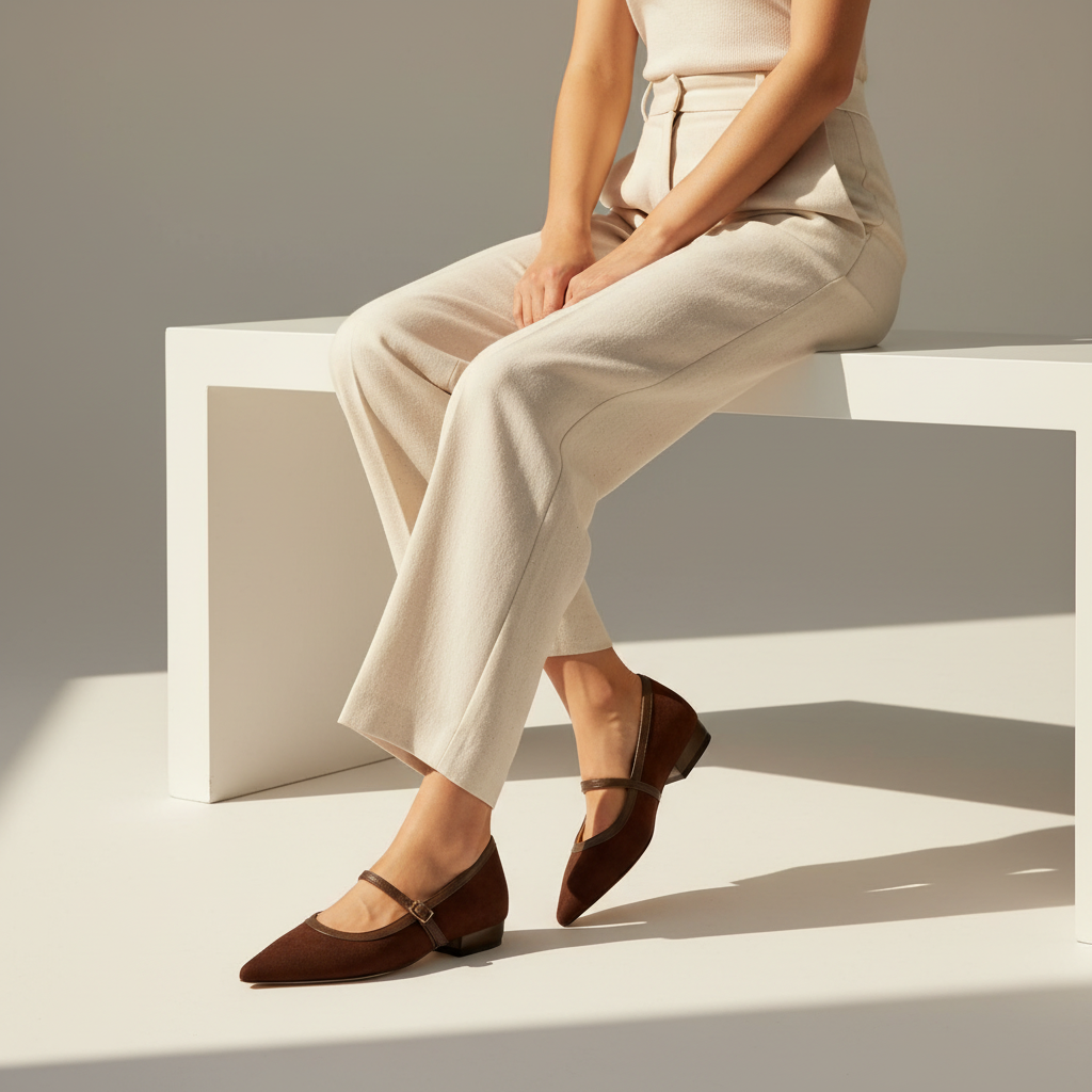 A model sits on a white geometric bench in a minimalist studio setting, wearing dark brown pointed-toe flats with a single strap and cream-colored trousers.