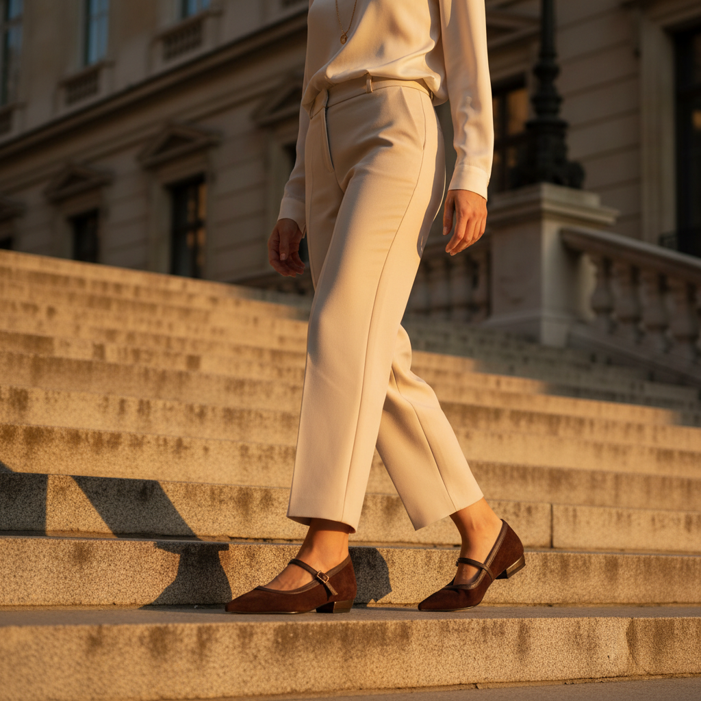 A person walking down wide stone steps outdoors, wearing light beige tailored trousers, a cream blouse, and dark brown Mary Jane flats.