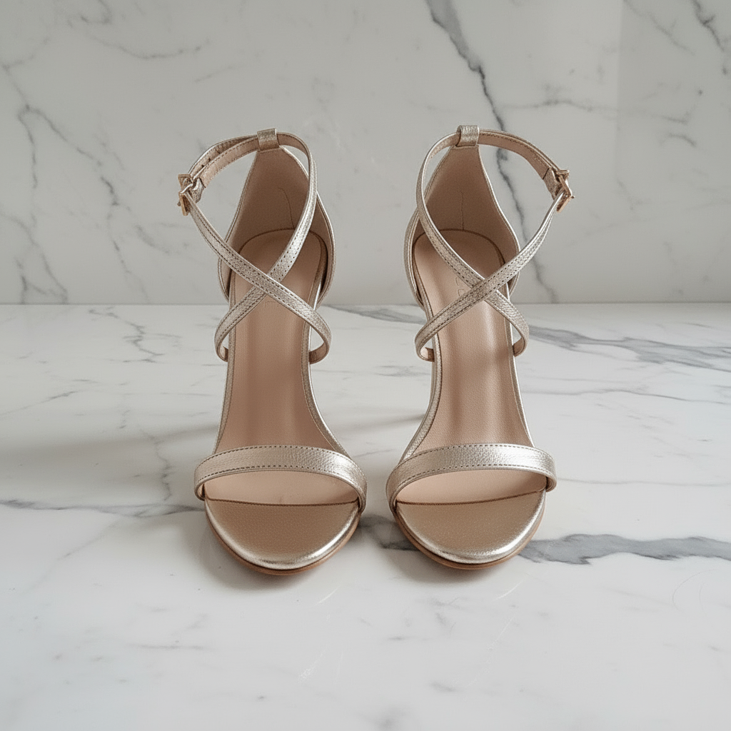 Pair of gold high-heeled sandals on a textured surface with blue patterned pillows in the background.