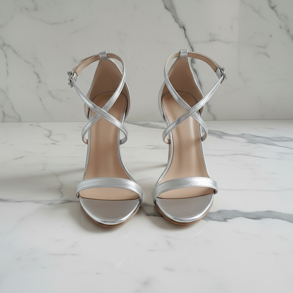 Silver high-heeled sandals on a marble surface