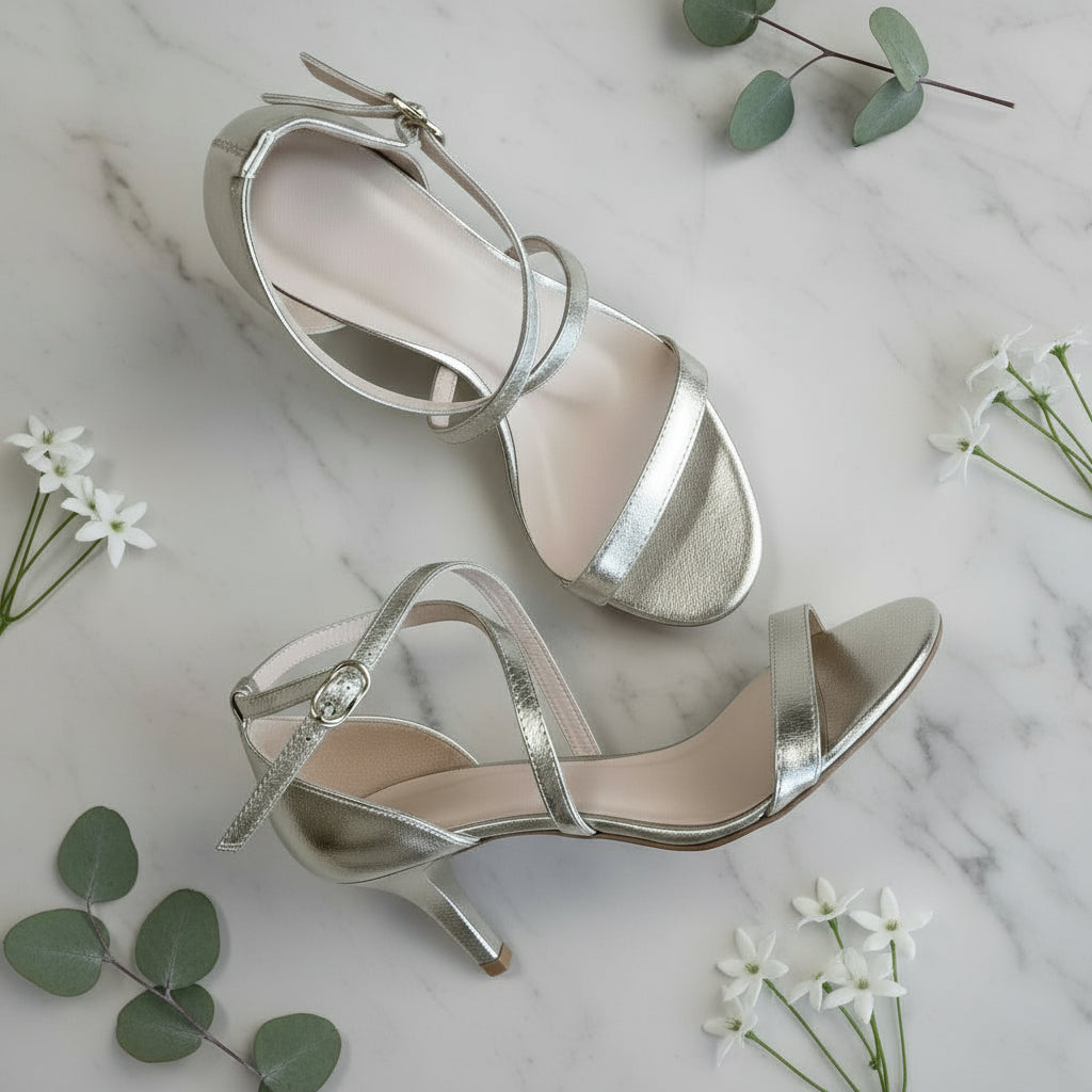 Side angle of silver leather FLORENCE kitten heels showing leather lining and buckle detail
