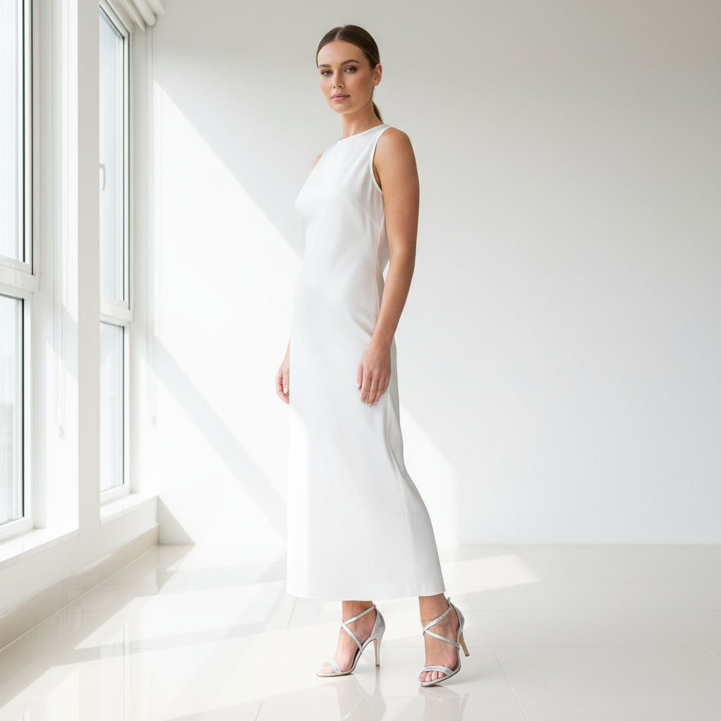 Woman wearing a white sleeveless dress  and silver high heels in a bright room with large windows.