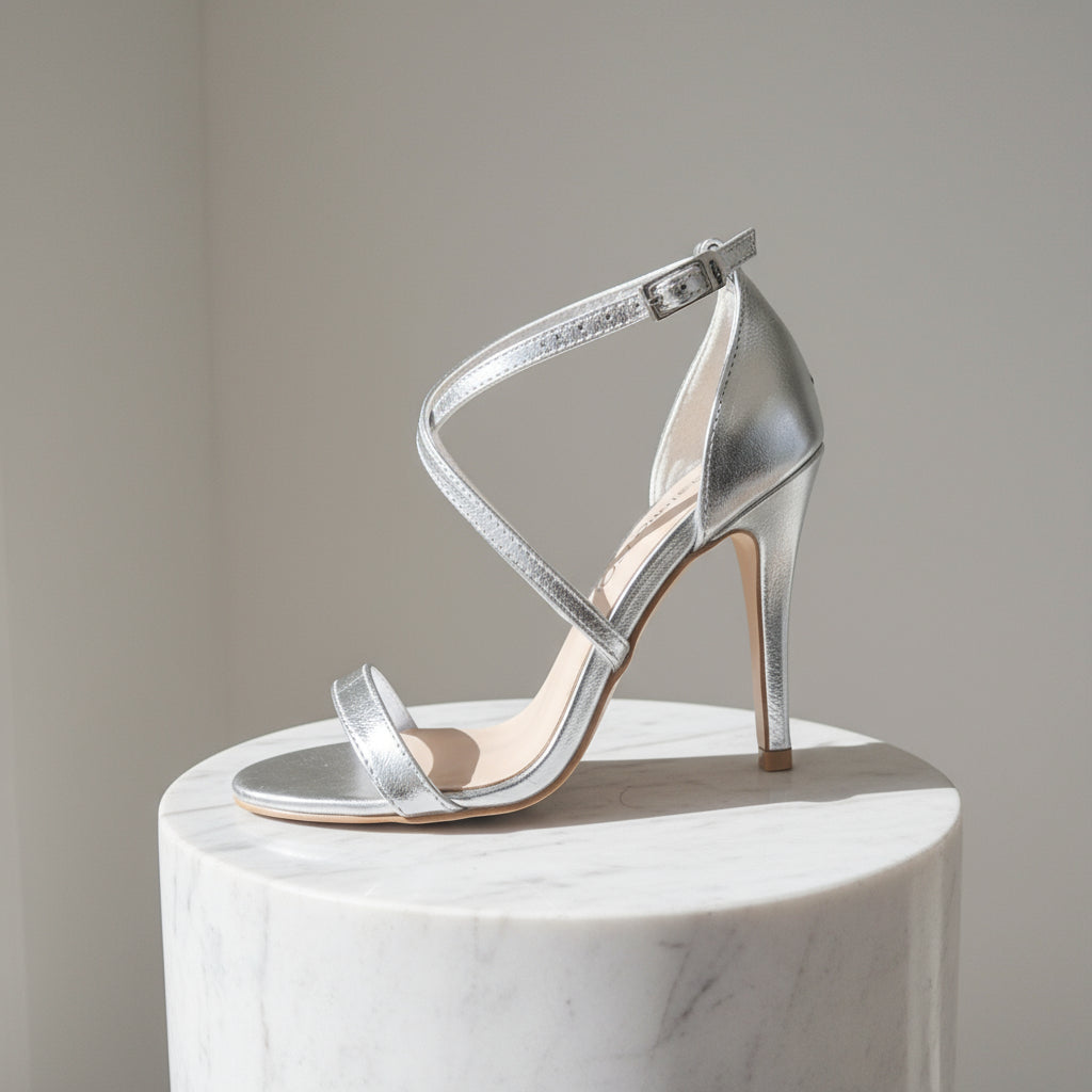 Side view of FLORENCE silver petite heel, 9cm stiletto with leather lining and matching buckle.