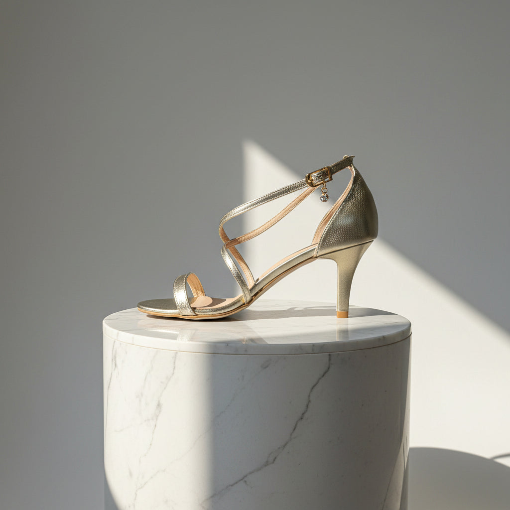 Gold high-heeled sandal on a white background