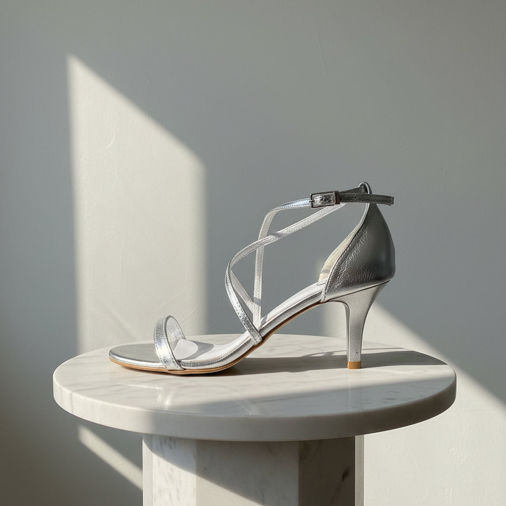 Silver high-heeled shoe on a textured surface with a light gray background