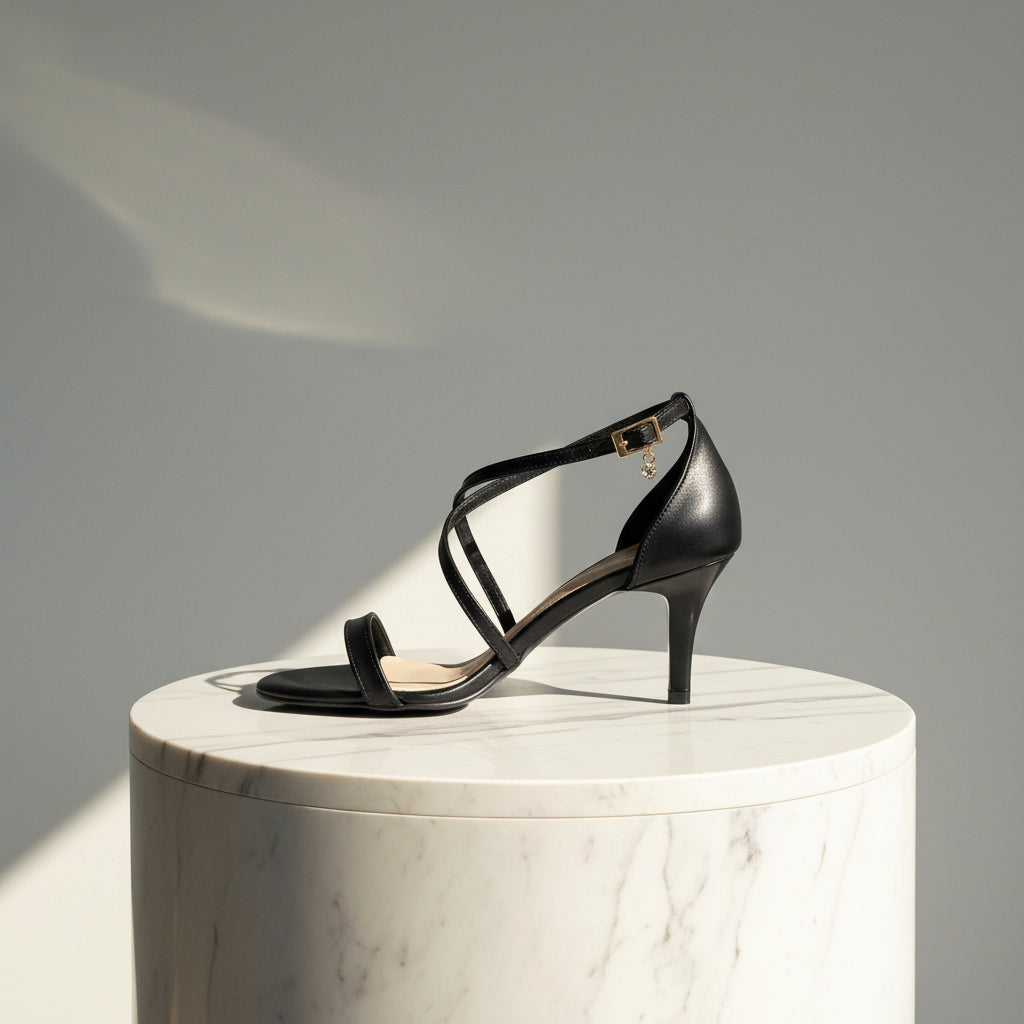 Black high-heeled sandal with thin straps on a reflective surface.