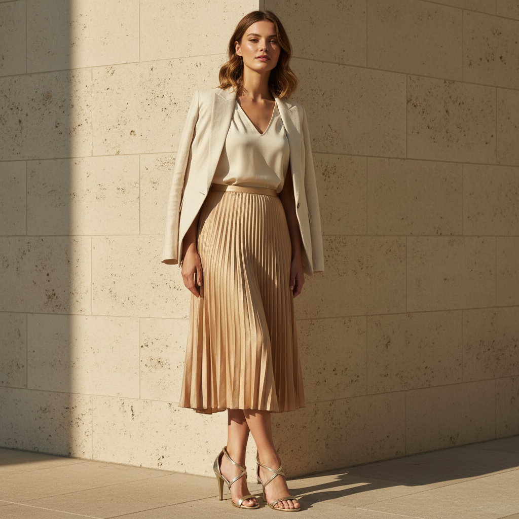 A woman stands against a beige stone wall wearing a cream satin blouse, a light beige blazer, a pleated champagne-beige midi skirt, and strappy high-heeled sandals.