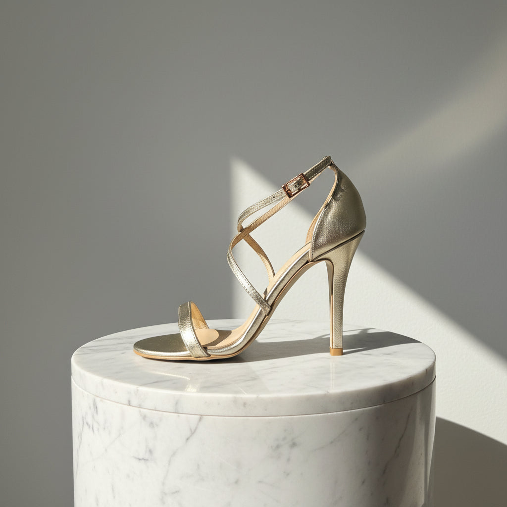 A single metallic gold high-heeled sandal with an ankle strap and crisscross front straps, displayed on a white marble cylindrical pedestal against a gray wall with dramatic sunlight shadows.