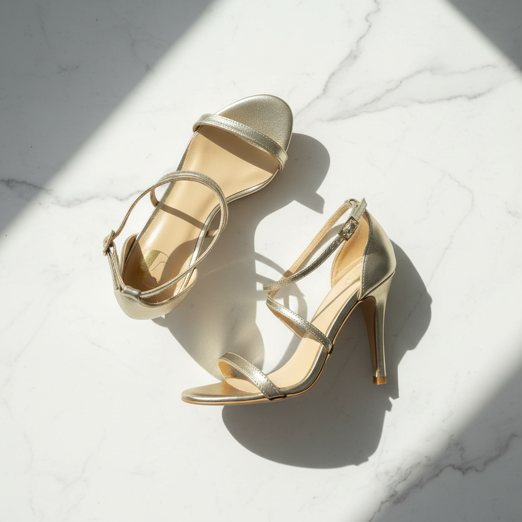 A pair of metallic gold strappy high-heeled sandals with a stiletto heel, displayed on a white marble surface with dramatic diagonal shadows.