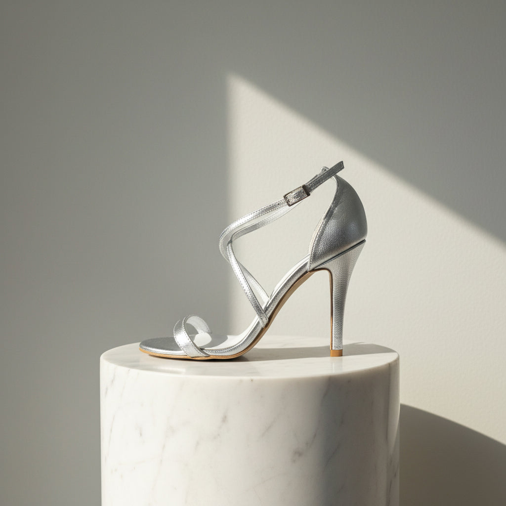 A single metallic silver high-heeled sandal with an ankle strap and open toe, displayed on a white marble cylinder pedestal against a warm gray wall with a diagonal shadow.