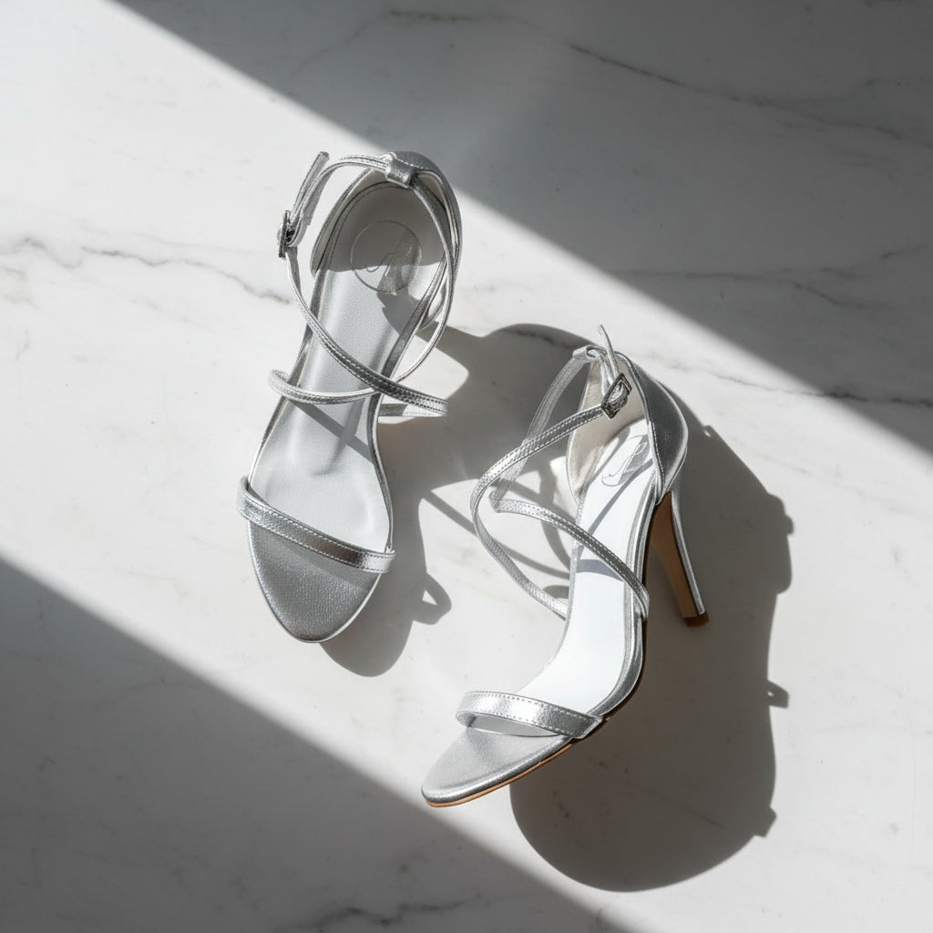 A pair of metallic silver strappy high-heeled sandals with pointed toes, displayed on a light-colored cardboard box.