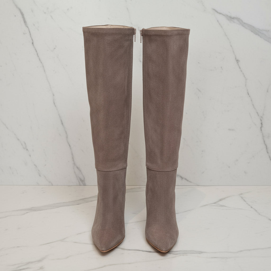 Front view of FLOY beige suede petite knee boots with leather lining and block heel.