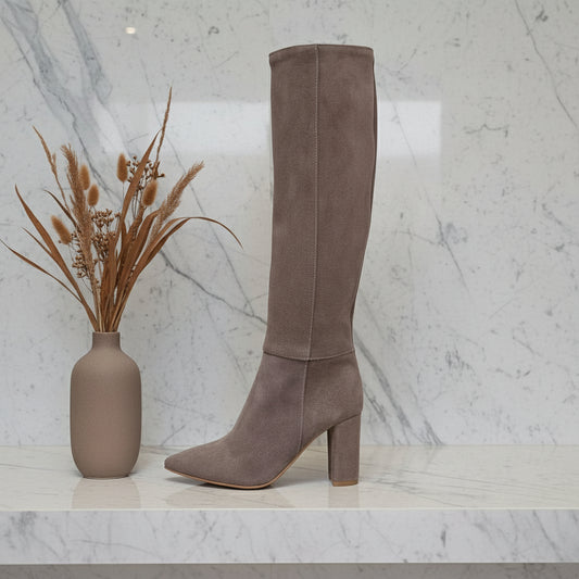 Beige suede FLOY petite knee boots with 8cm block heel and elasticated top panel.