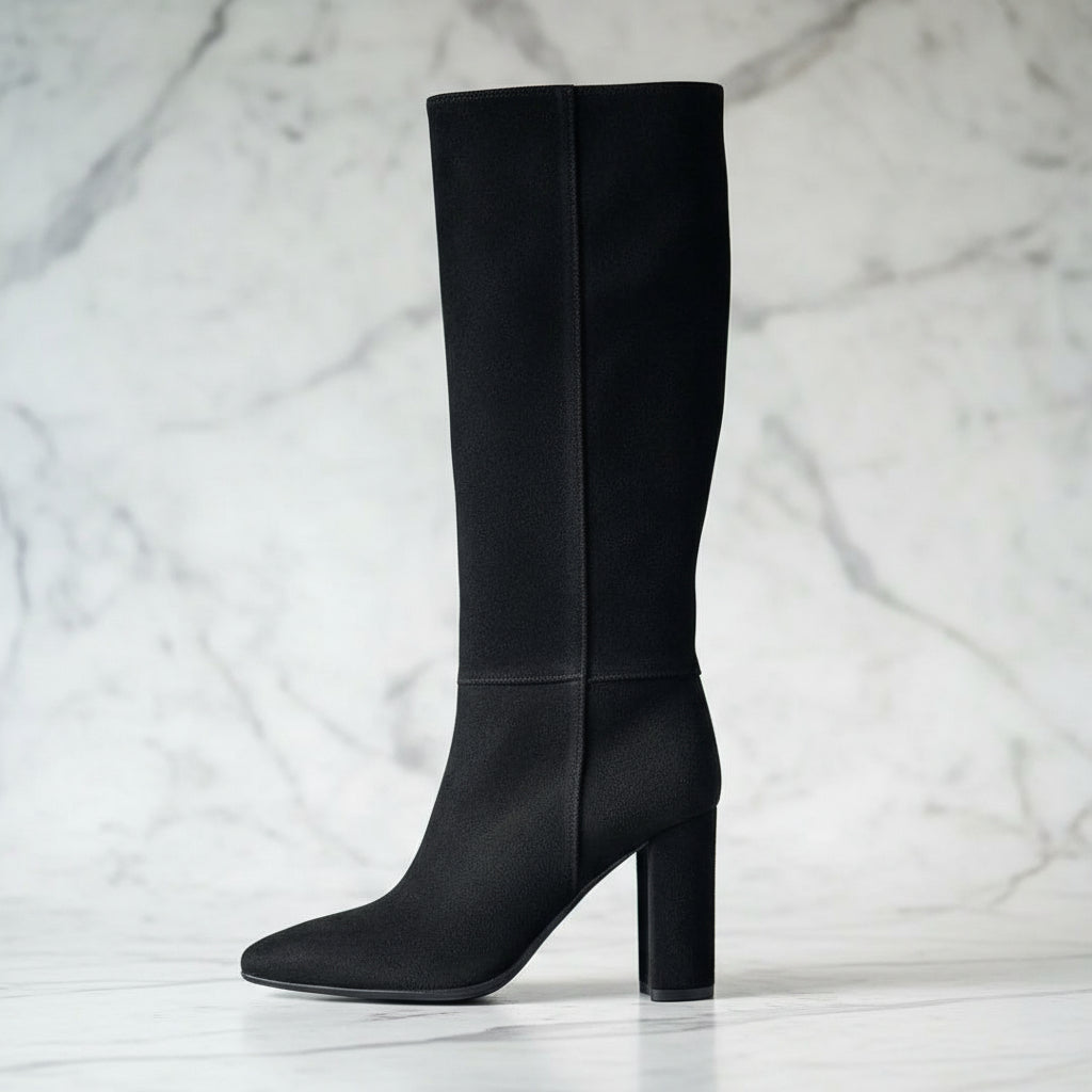 Black suede FLOY petite knee boot with pointed toe, 8cm block heel and elasticated top.