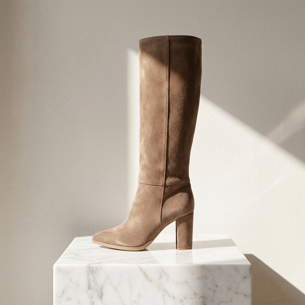 Knee high beige suede boot set on a high block heel resting on a marble stand.