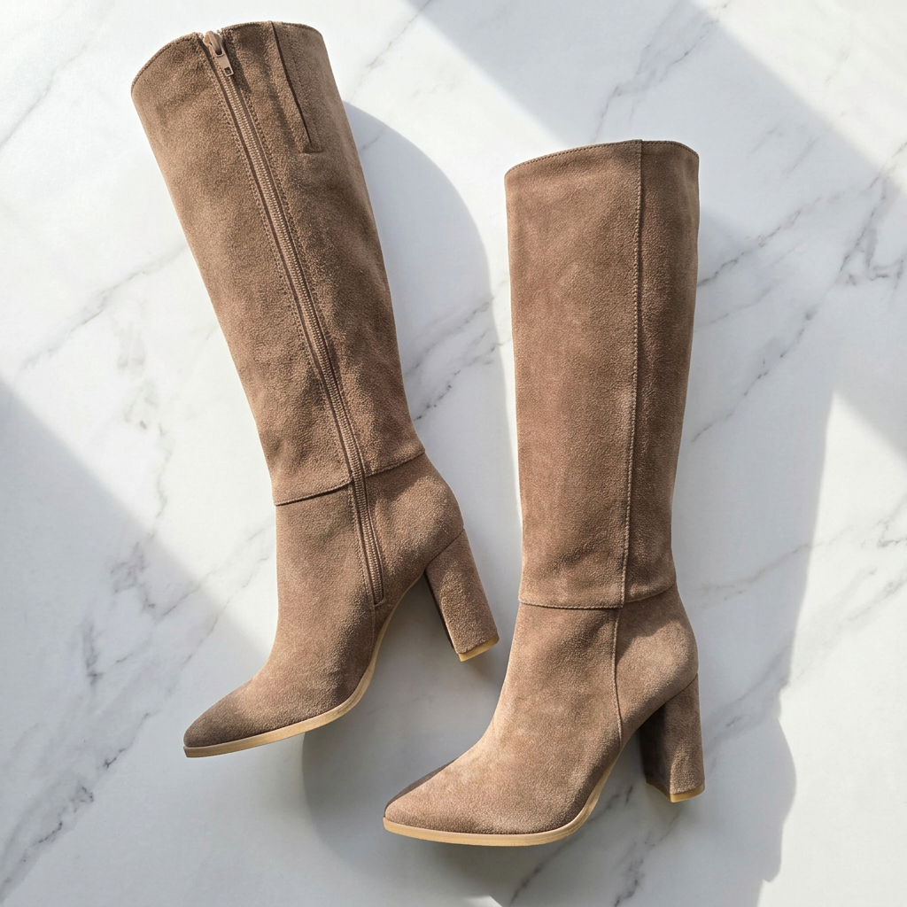 Pair of beige suede knee high boots with a block heel and a side zip fastening placed on a marble surface. 