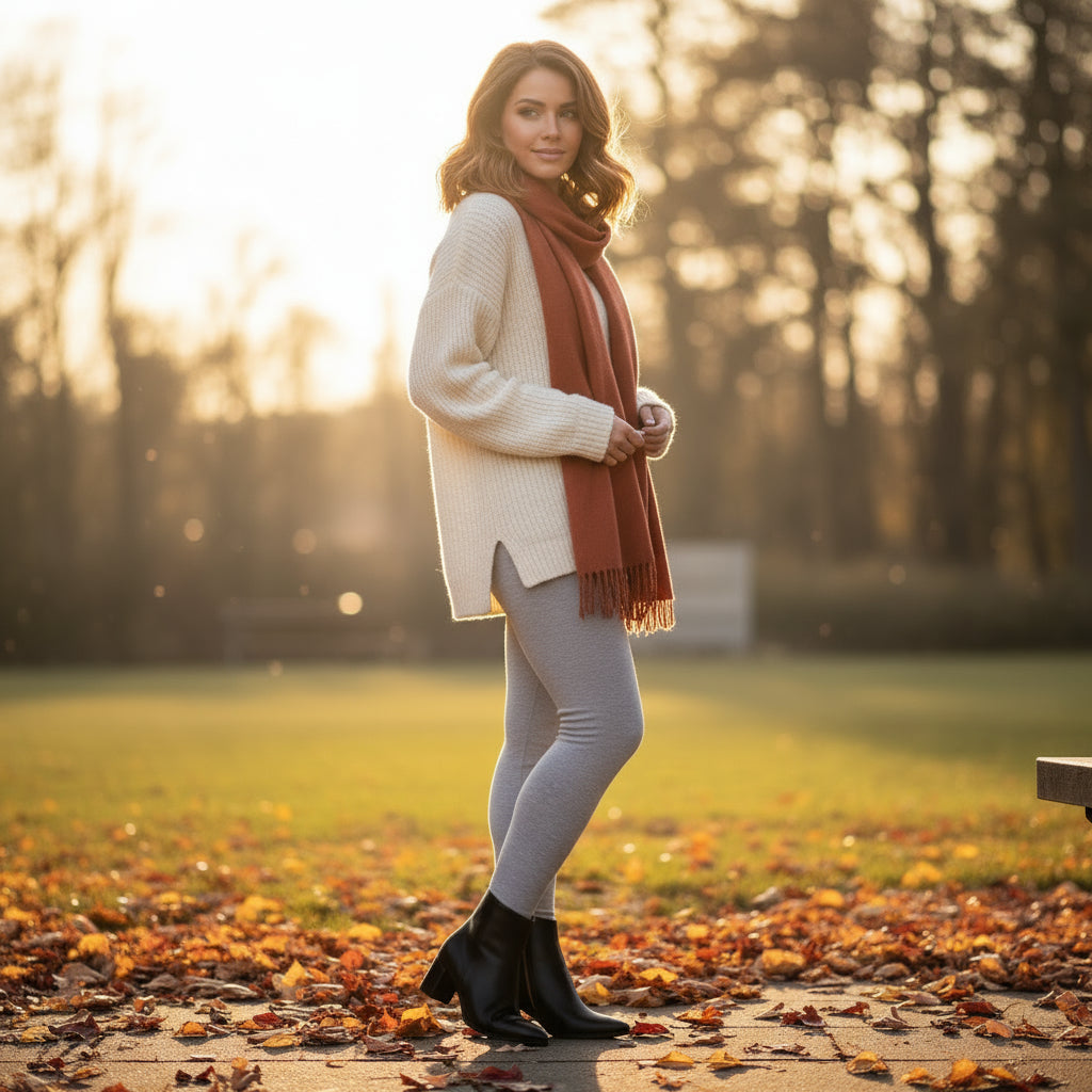 Woman standing in a park with autumn leaves and a blurred background