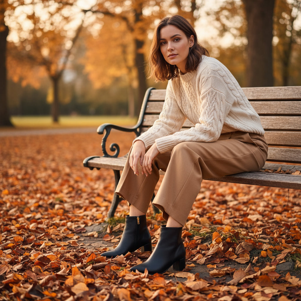Person wearing black ankle boots and gray leggings indoors.