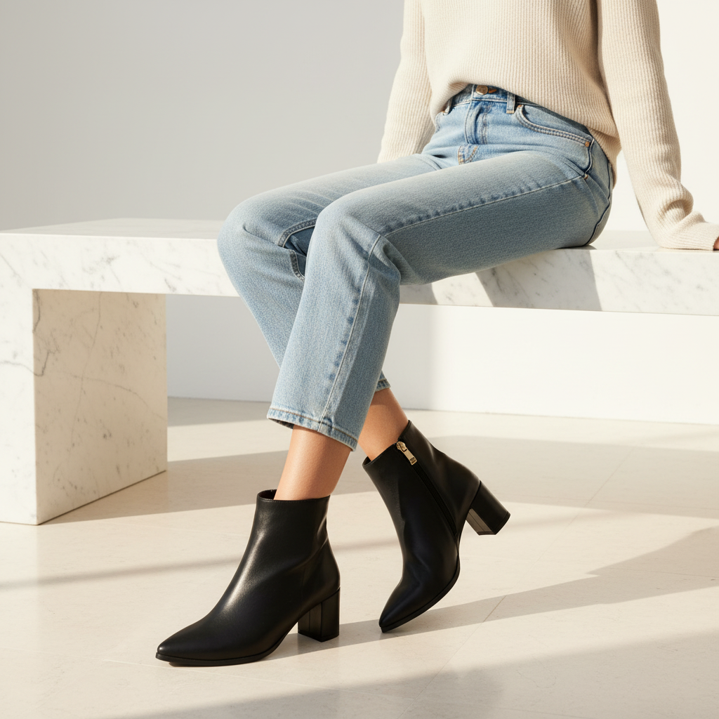 A person seated on a white marble bench wearing light blue cropped jeans and black pointed-toe ankle boots with block heels. The scene is photographed in a bright, minimal interior with strong sunlight and shadows.