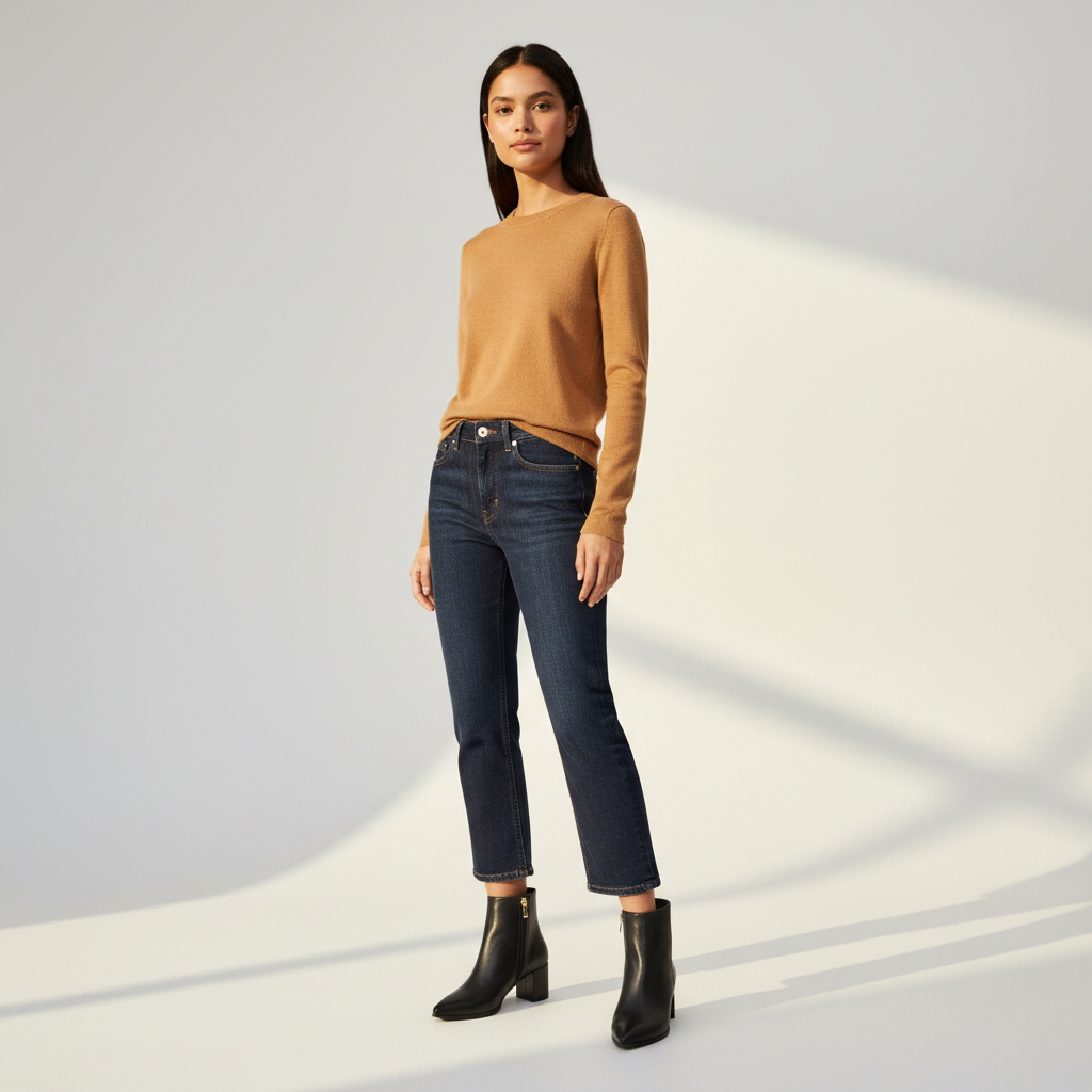 A woman modeling a tan knit sweater, dark blue straight-leg jeans, and black ankle boots, standing in a minimalist studio with soft diagonal shadows.