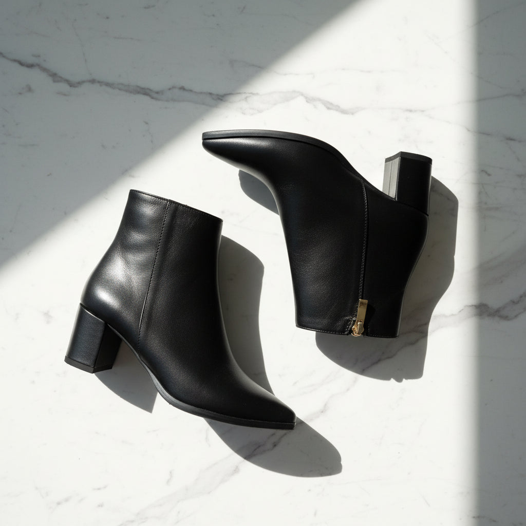 A pair of black leather ankle boots with block heels and a gold zipper pull, displayed on a wrinkled white fabric background.