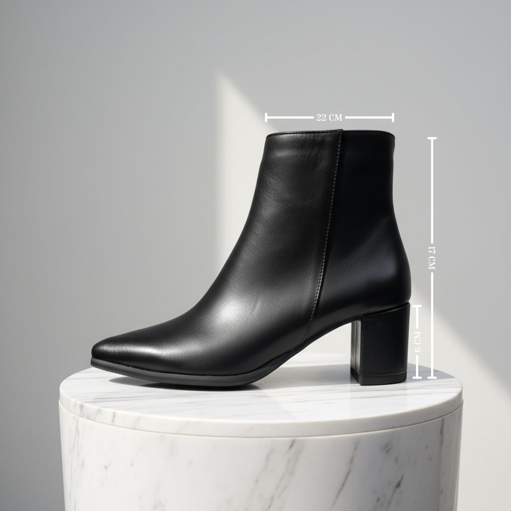 Black ankle boot on a marble pedestal with measurements indicated