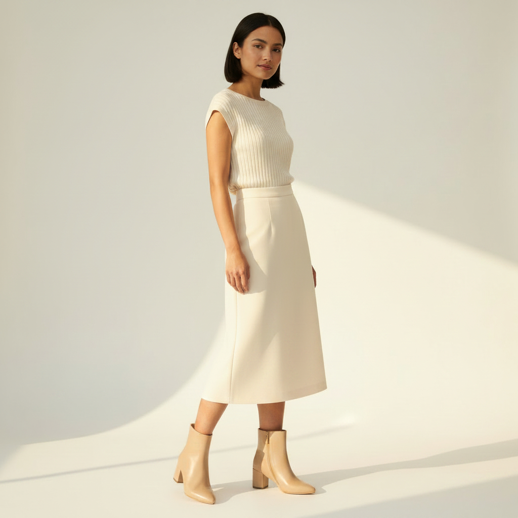 A woman modeling a cream ribbed sleeveless knit top and matching cream midi skirt, paired with beige ankle boots, in a bright studio setting with strong diagonal shadows.