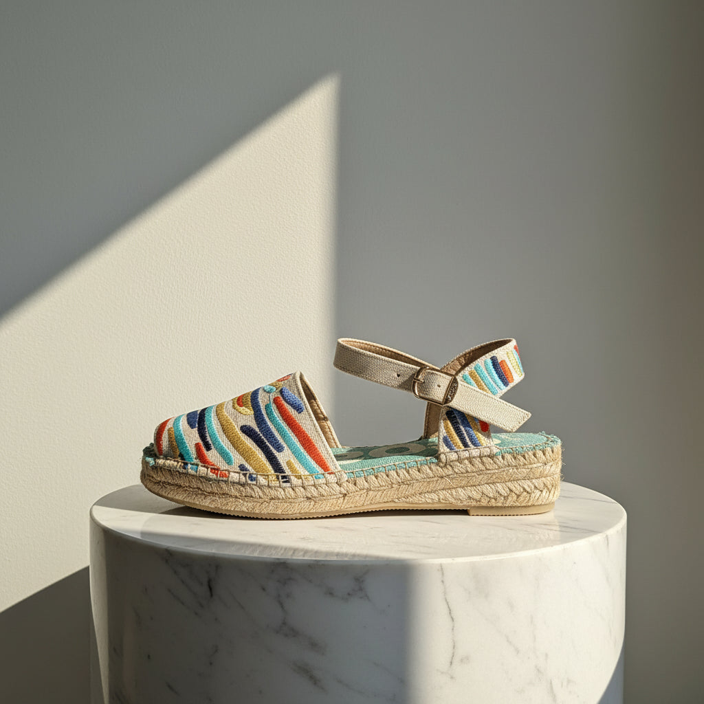 A single espadrille sandal with colorful striped fabric uppers and a beige ankle strap, displayed on a white marble pedestal against a gray wall with a diagonal shadow.