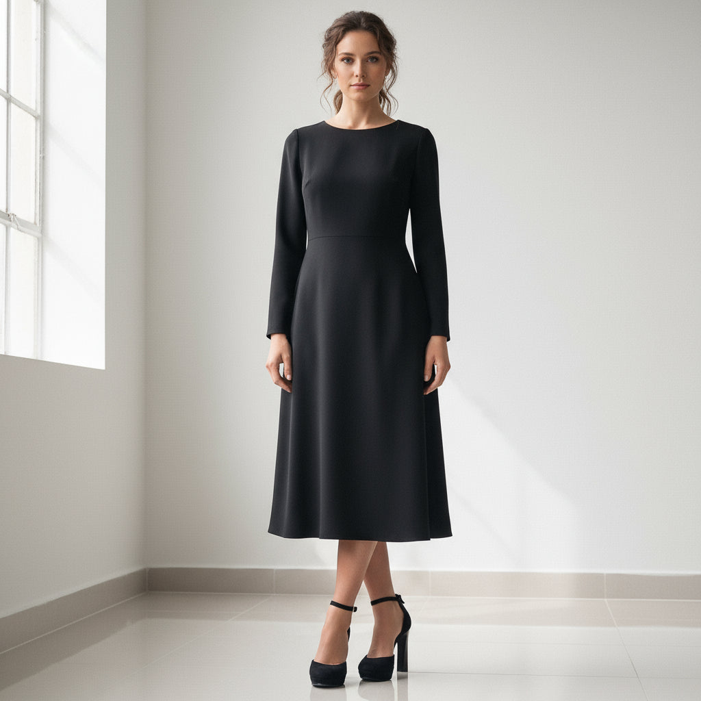 Woman wearing a black dress standing in a bright room with white walls and floor.