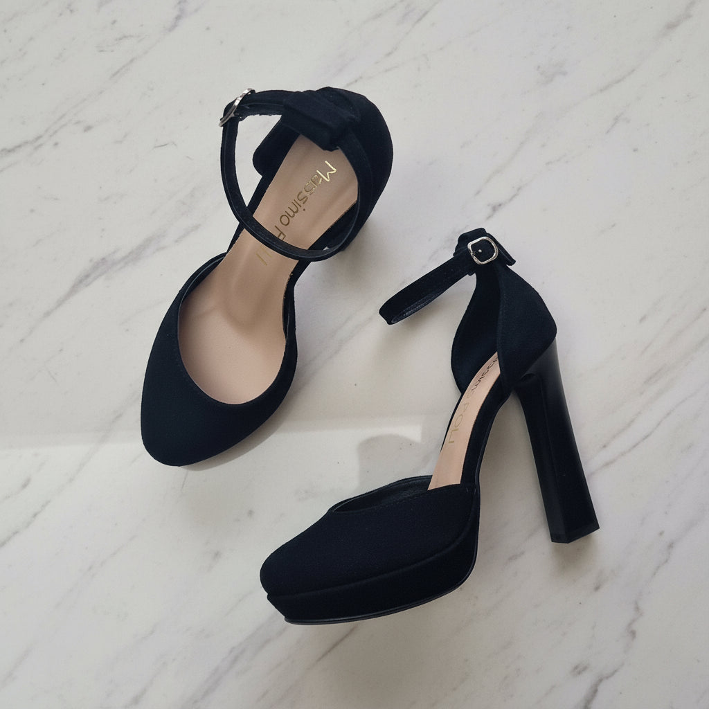 Black high-heeled shoes with ankle straps on a light gray background