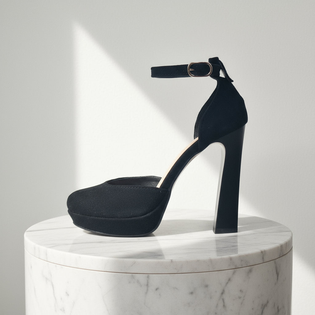 Black high-heeled shoe on a white marble pedestal with a light gray background